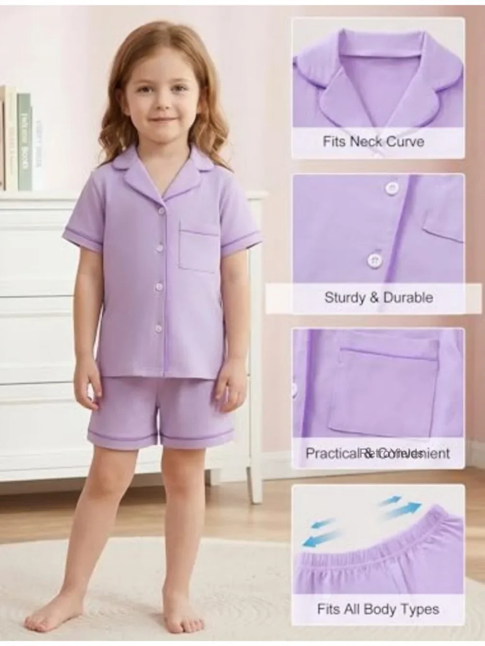 Girls Cotton Pajama Set Short Sleeve Button Down Summer Sleepwear Toddler Kids